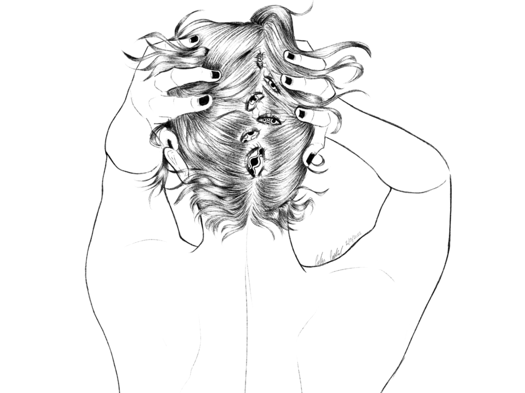 Drawing of the back of a girl's head with eyeballs